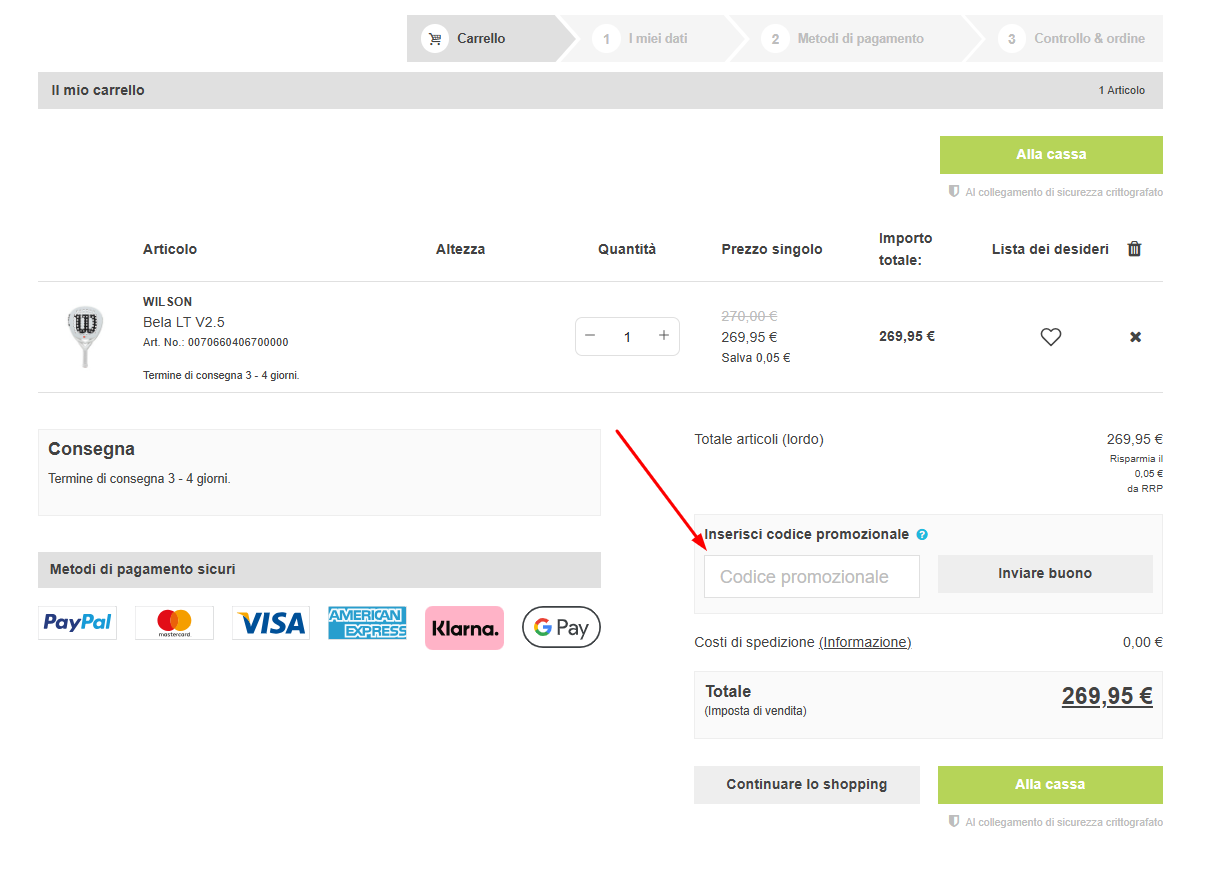 Dove inserire il codice sconto Padel Point