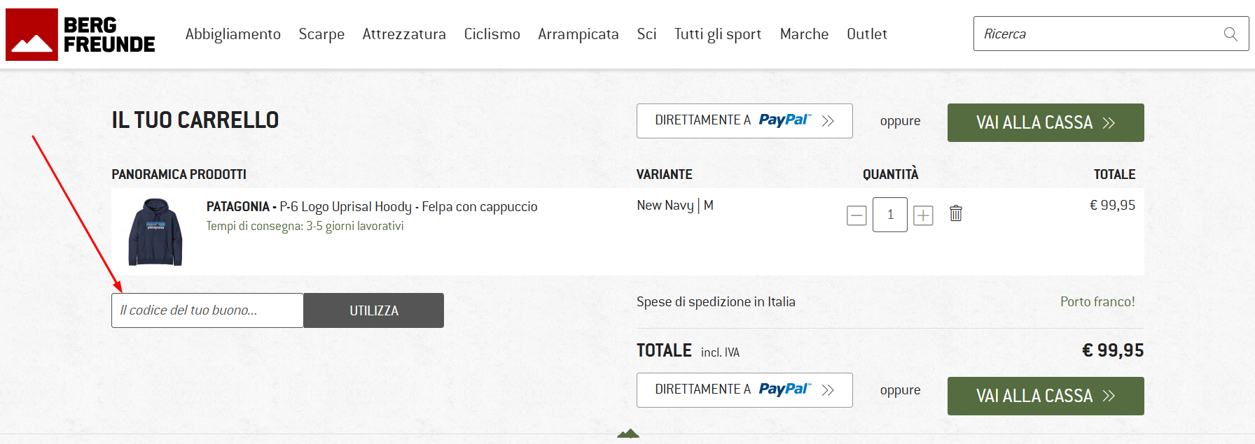 Dove inserire il codice sconto Bergfreunde
