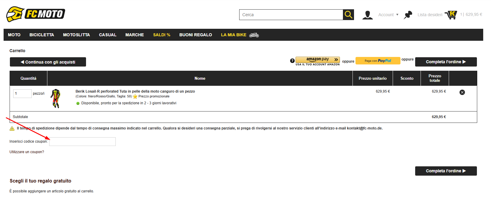 Dove inserire il codice sconto FC Moto