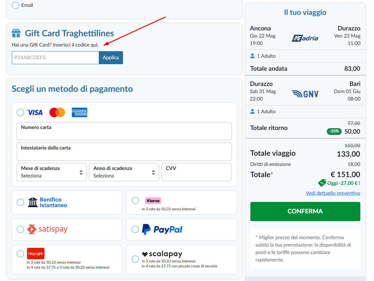 dove inserire il codice sconto Traghettilines