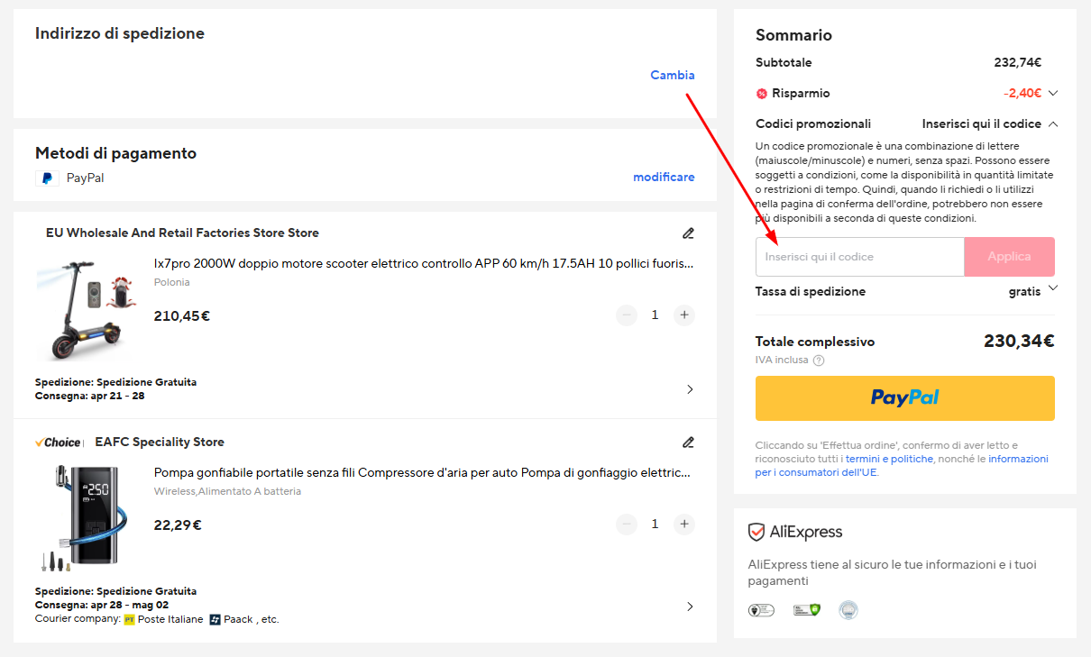 Dove inserire il codice sconto AliExpress