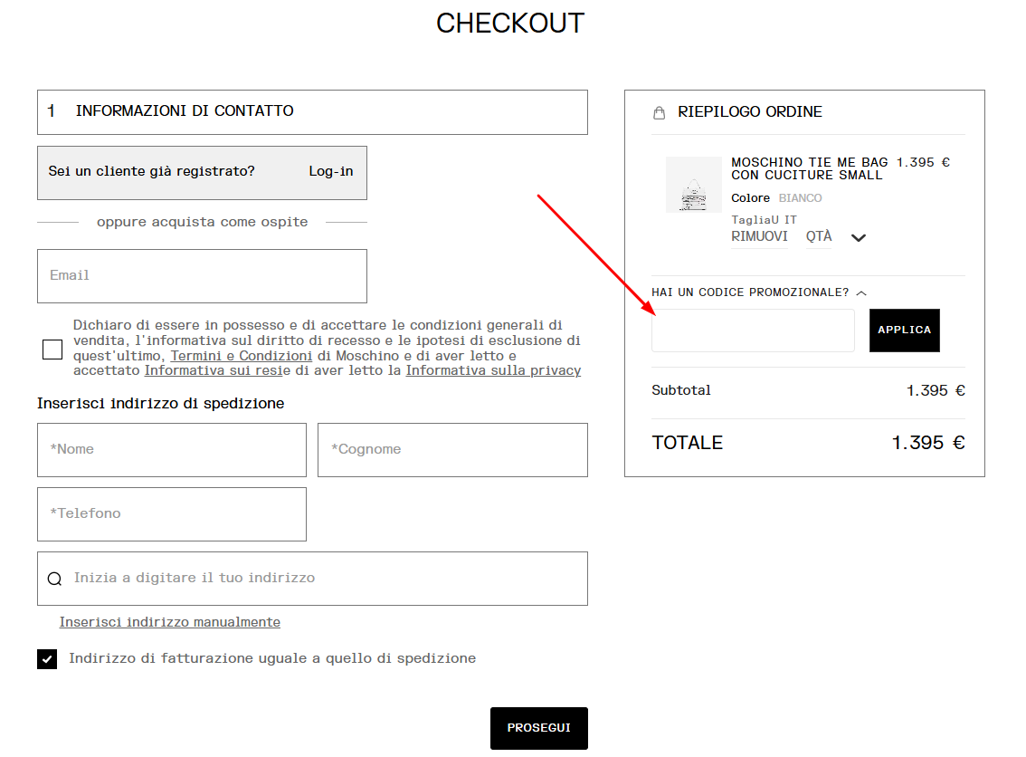 codice promozionale Moschino Dove inserire il codice sconto Moschino