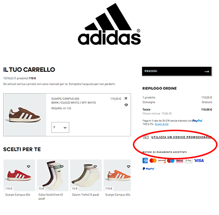 codice sconto Adidas Dove inserire il codice sconto Adidas