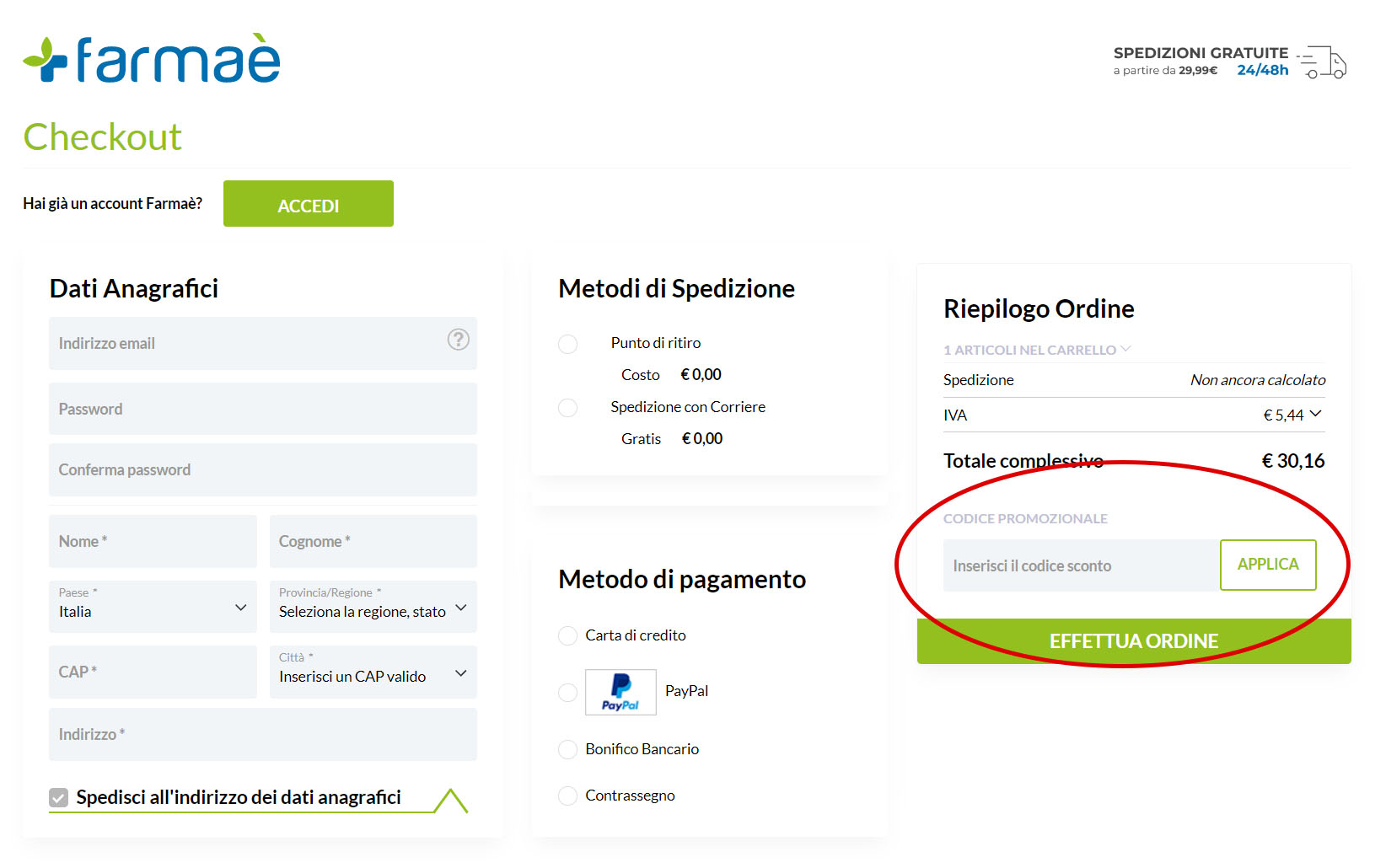 Dove inserire il codice sconto Farma&egrave;