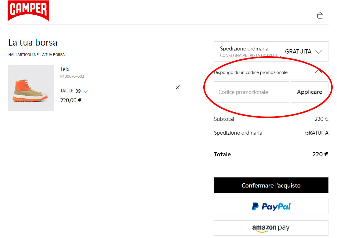 dove inserire il codice sconto Camper Codice sconto Camper