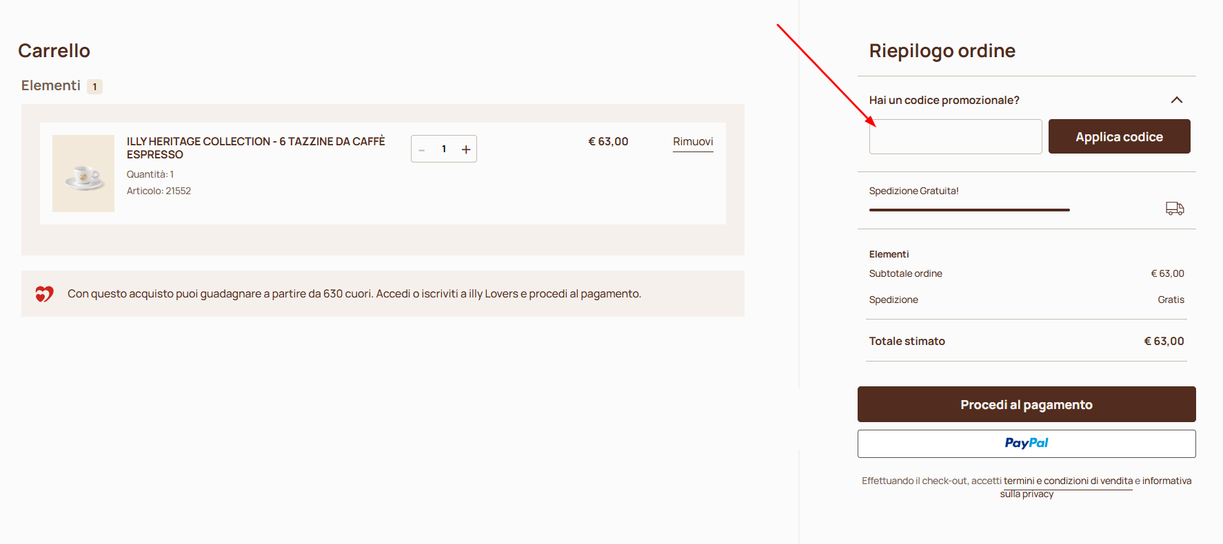 codice sconto Illy Dove inserire il codice sconto Illy
