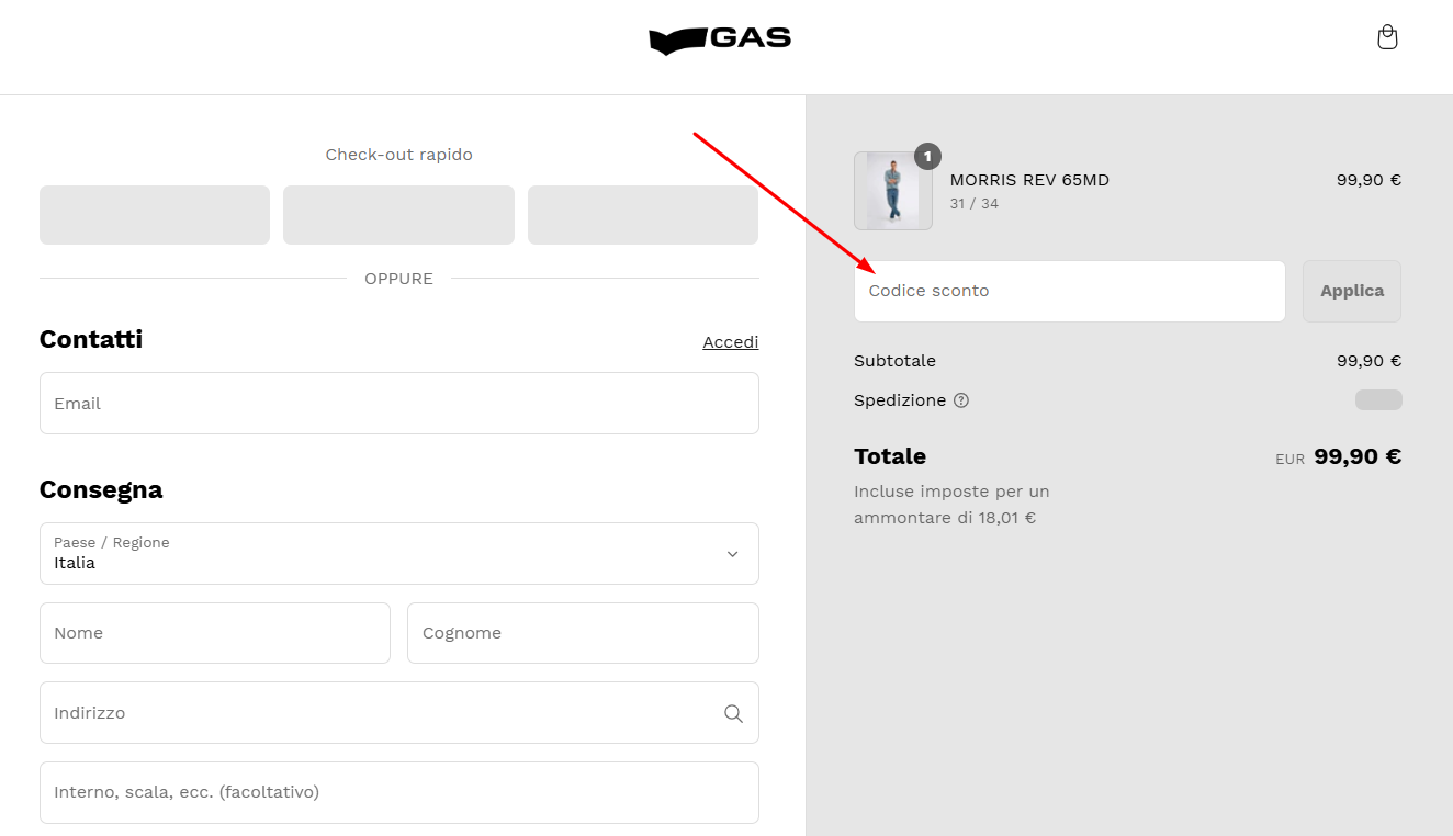 Dove inserire il codice sconto GAS