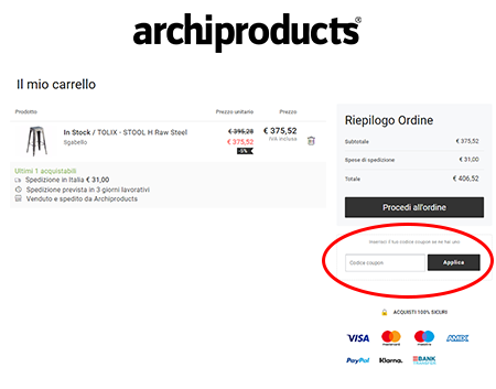 Dove inserire il codice sconto Archiproducts