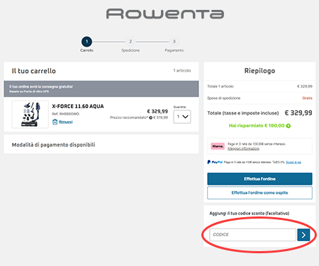 codice sconto Rowenta Dove inserire il codice sconto Rowenta