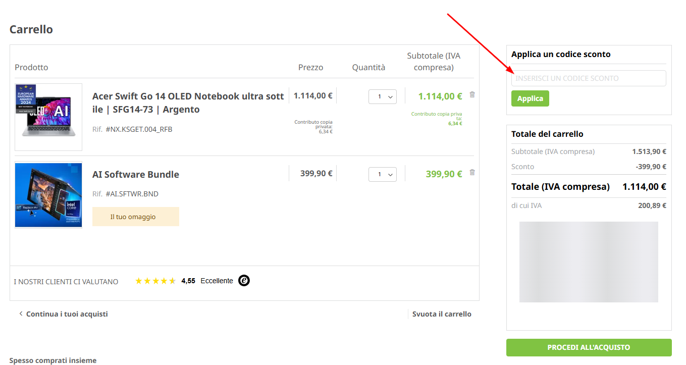 dove inserire il codice sconto ACER Codice sconto Acer