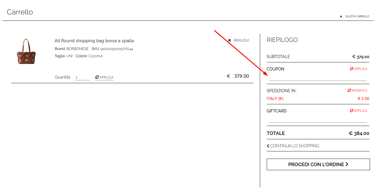 Dove inserire il codice sconto Grazia Pelletterie