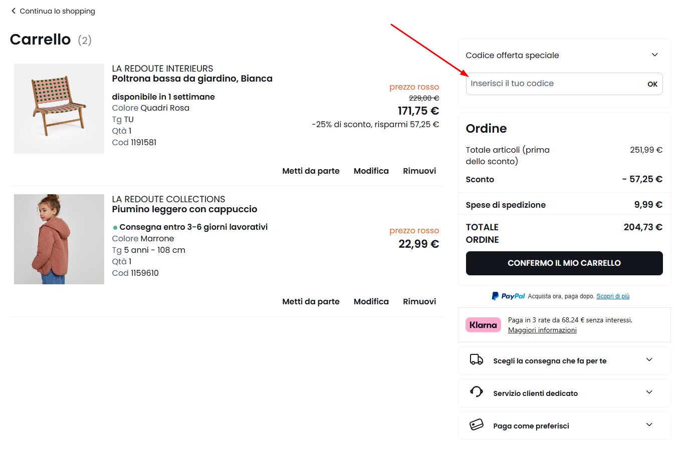 dove inserire il codice sconto La Redoute