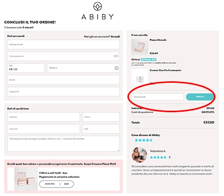 Dove inserire un codice sconto Abiby