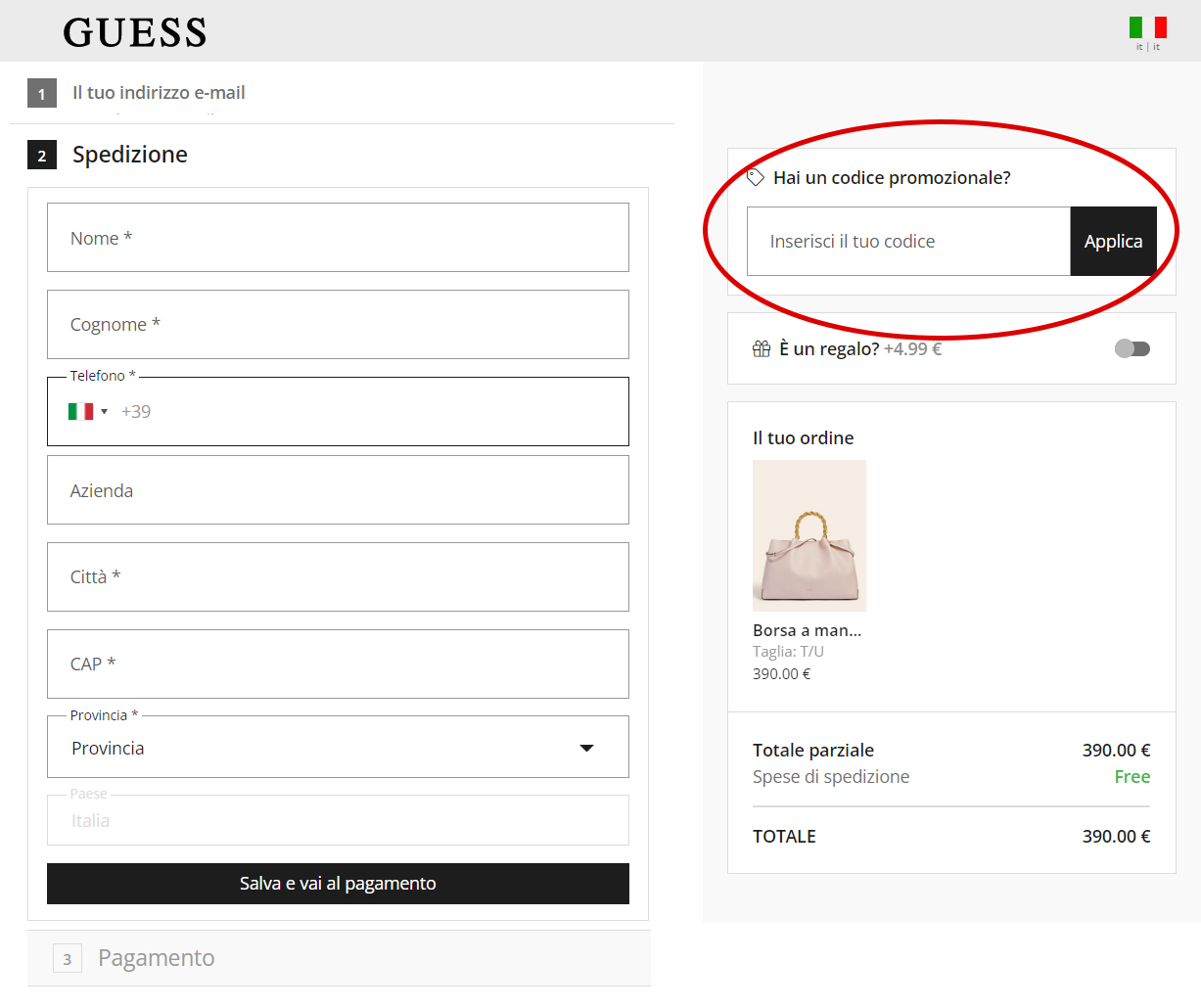 Dove inserire il codice promozionale GUESS? codice promozionale GUESS