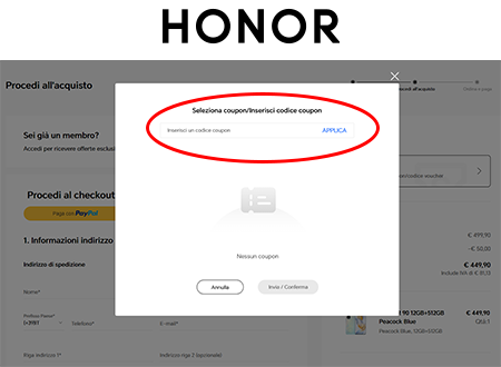 codice sconto Honor Dove inserire il codice sconto Honor