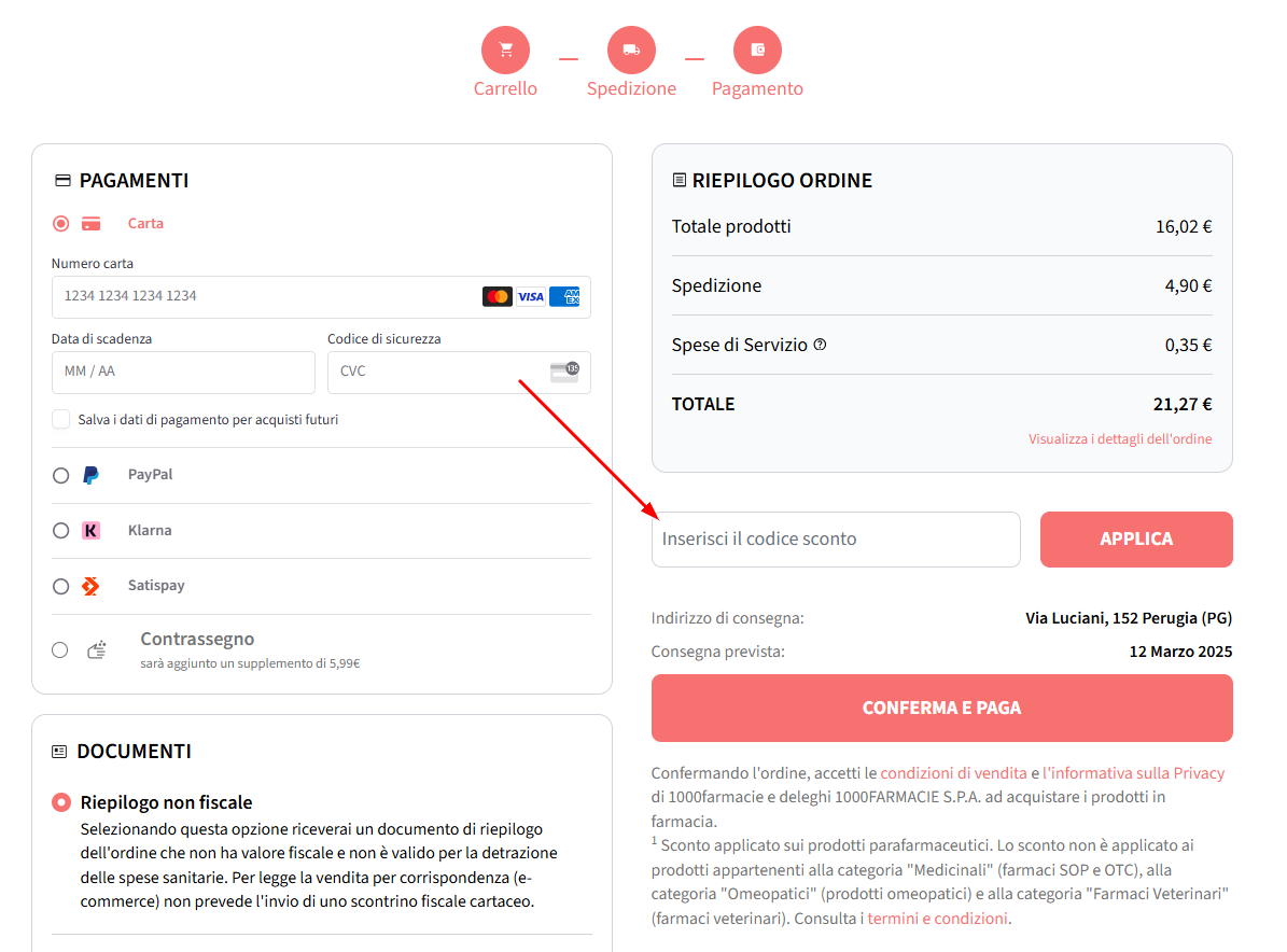 Dove inserire il codice sconto 1000Farmacie