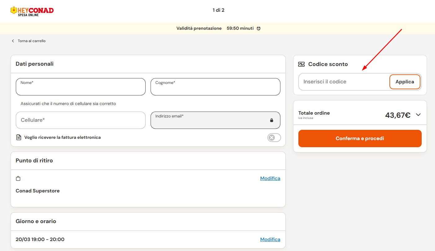 Dove inserire un codice sconto Conad