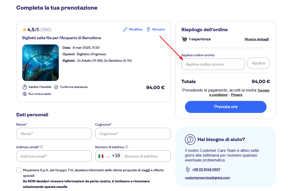 Dove inserire il codice sconto TUI Musement
